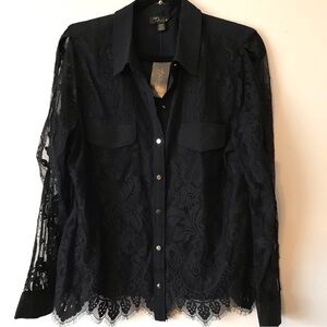 Thalia Sodi black lacy dressy button up blouse top. BNWT.
